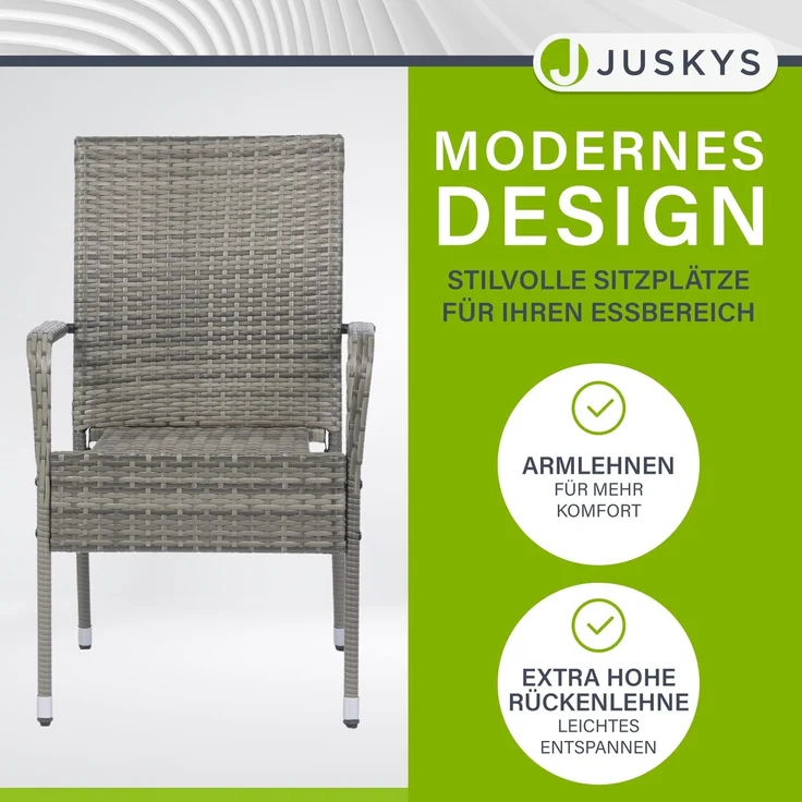 Juskys Polyrattan Gartenstühle Yoro 2er Set - mit Armlehnen & Rückenlehne - 2 Stühle stapelbar - Rattan Stuhl Garten - Stapelstuhl Grau-meliert – Bild 3