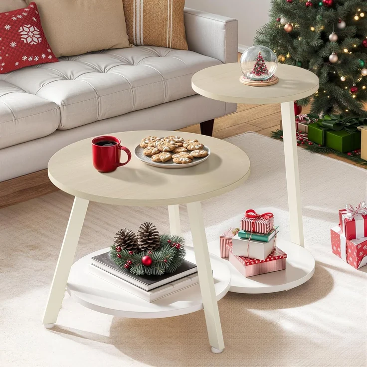 YITAHOME 2er Set Couchtisch Set Rund, Wohnzimmertisch mit Stauraum, Beistelltisch 2er Set Stapelbar mit Holzplatte und Metallrahmen, C-förmiger Beistelltisch, Couch Tisch Wohnzimmer, Eiche – Bild 1