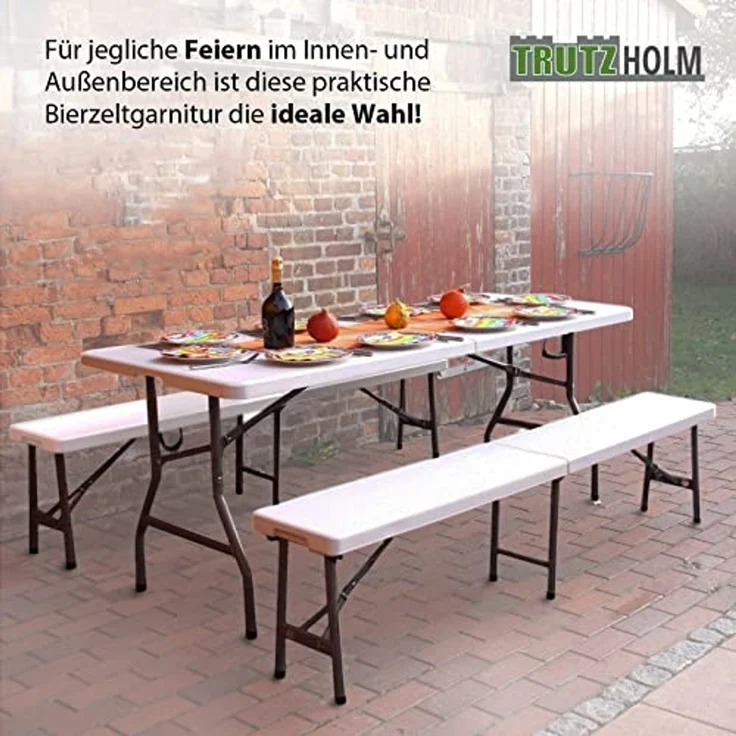 Bierzeltgarnitur 3 teilig weiß Festzeltgarnitur 180x75cm klappbar Gartenmöbelset 2 Bierbänke 1Tisch – Bild 4