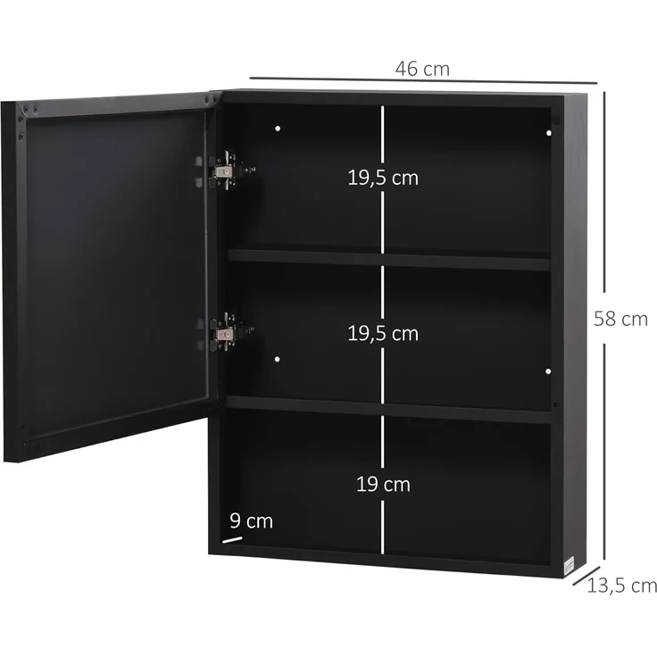 Kleankin Spiegelschrank Badezimmerschrank mit Spiegeltür 2 Innenböden und 1 offenem Regal (Badschrank, 1-St, Hängeschrank) Edelstahl, Glas, Schwarz, 46 x 13,5 x 58 cm – Bild 2