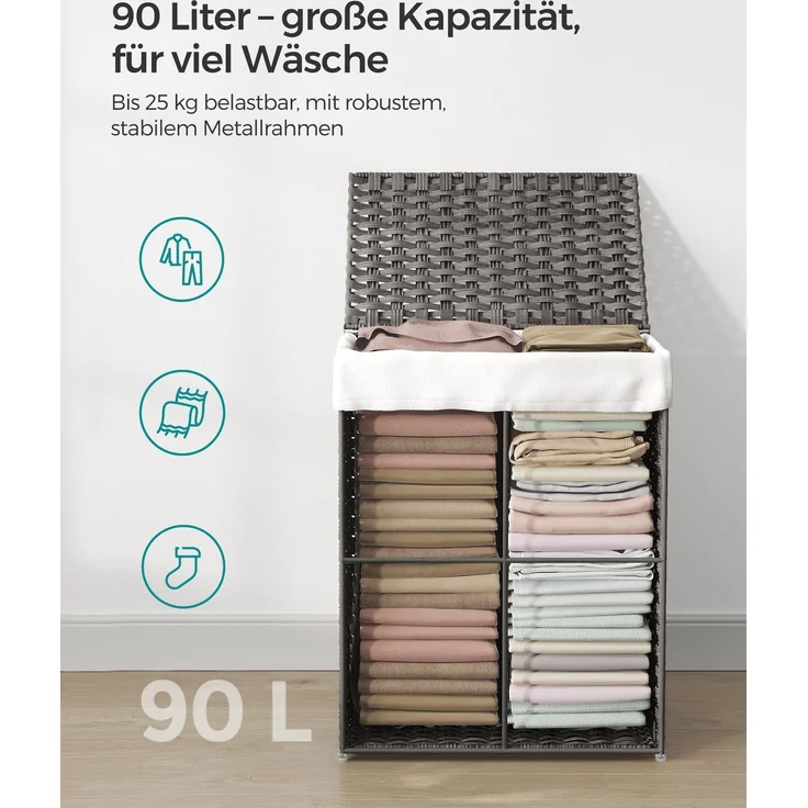 Songmics Wäschekorb handgeflochten, Rattan Grau, 90L 46 x 33 x 60 cm – Bild 4