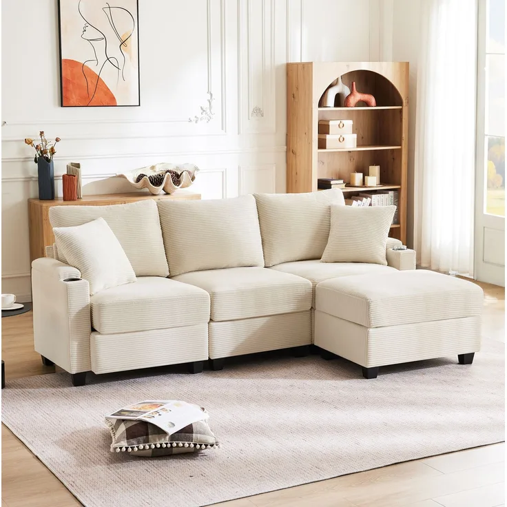 DESVIAE Sofa mit beweglichem Hocker und USB-Anschluss 213,5x87x139 cm Cord Beige