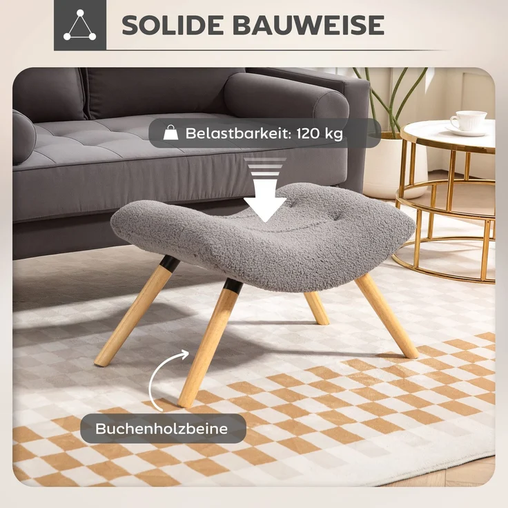 Moderner Fußhocker mit Fleece-Bezug und Holzbeinen, gepolstert, für Wohnzimmer, Schlafzimmer, Flur, Hellgrau--Hellgrau--67x45x38cm--YOUDENOVA – Bild 9