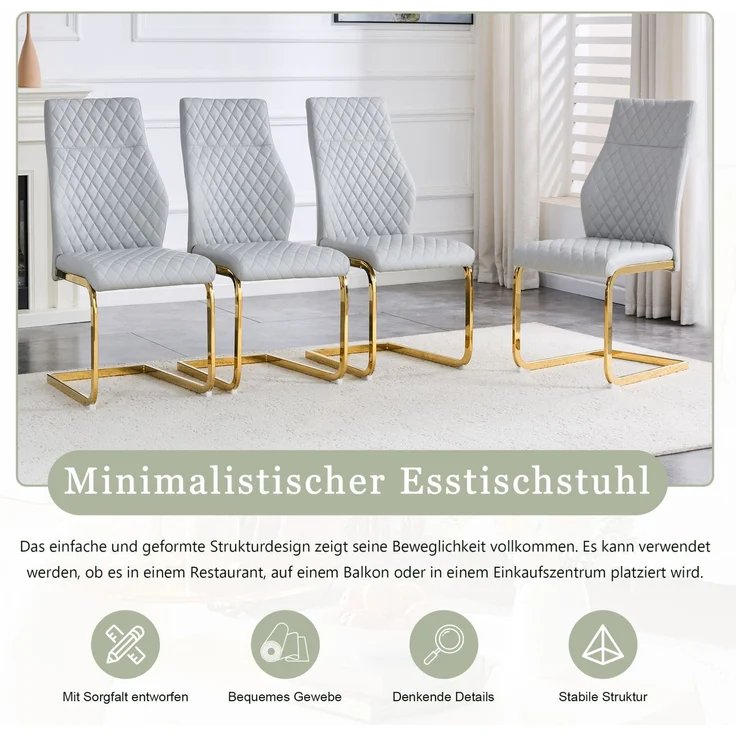 Esszimmerstuhl im Rautenmuster, PU-Lederoptik, 2er-Set, H 100 x T 43 x B 63 cm, Hellgrau/Gold – Bild 6