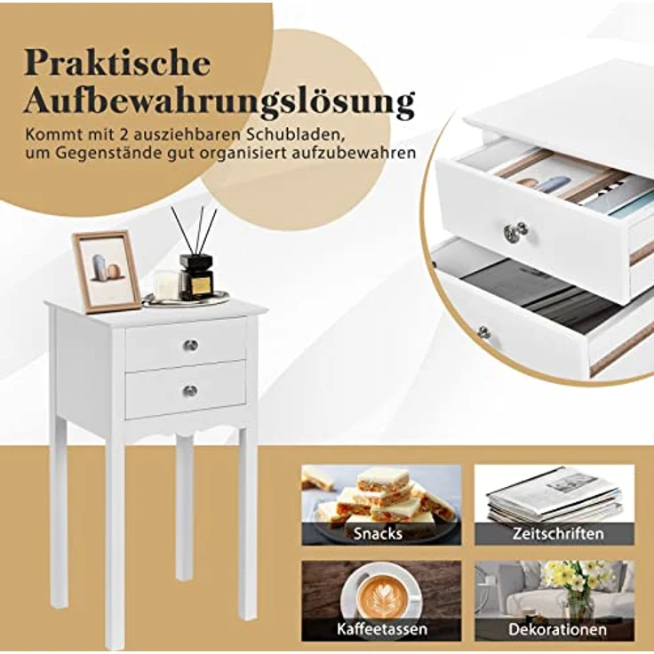 COSTWAY Beistelltisch mit 2 Schubladen, einfacher Nachttisch mit Kippsicherung, moderner vielseitiger Beistelltisch – Bild 6