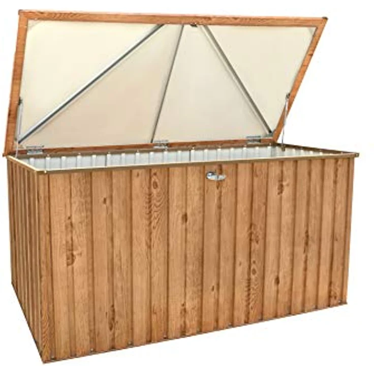 Duramax DH 1.9 (1450 L) Kissenbox aus Metall mit hydraulischer Gasdruckfeder und Vorhängeschlossöse, Terrassenbox und Gartenmöbelaufbewahrung für den Außenbereich, Holzmaserung – Bild 8