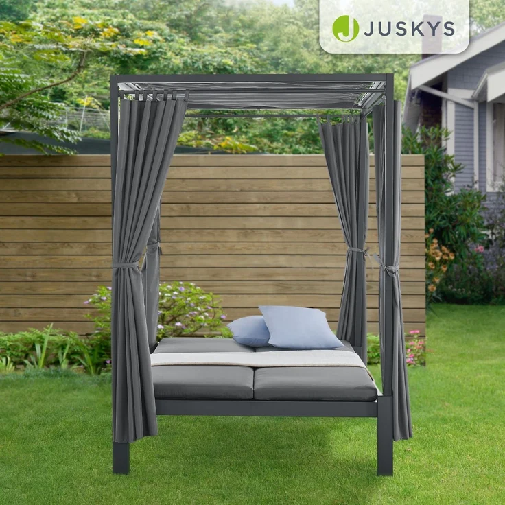 Juskys Doppel Loungebett Kreta - Gartenliege für 2 Personen - Dach & Rückenlehne verstellbar - Sonnenliege für Terrasse, Garten & Balkon - Liege Grau – Bild 7