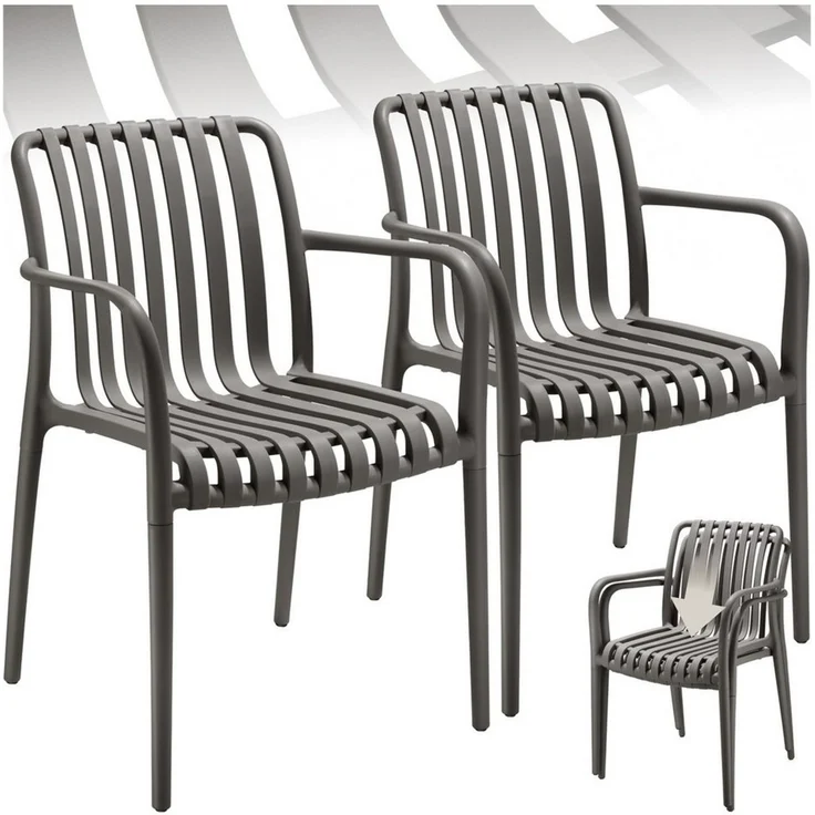 tectake Gartenstuhl Balkonstuhl, stapelbar, Belastbarkeit 110 kg, 47 x 58 x 80,5 cm (Terrassenstuhl Alcudia für Außen in Antrazit, 2 St), wetterfest und UV-beständig, pflegeleicht, rutschfeste Gummischoner – Bild 5