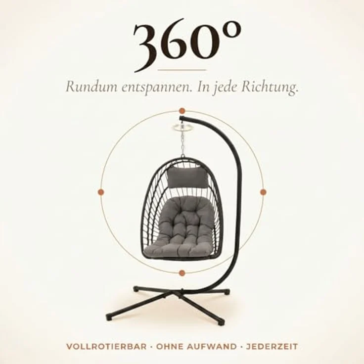 Onbest Hängesessel mit Schutzhülle 130kg 360° drehbar höhenverstellbar, bequem gepolstert – Bild 5
