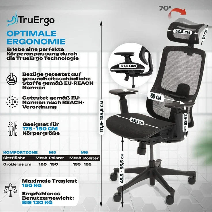 VALKENSTOL M5 POLSTER-SITZ Bürostuhl ergonomisch mit Schaumstoff Sitz - 5 Jahre Garantie - adaptive Lordosenstütze - verstellbare Sitztiefe – Bild 5