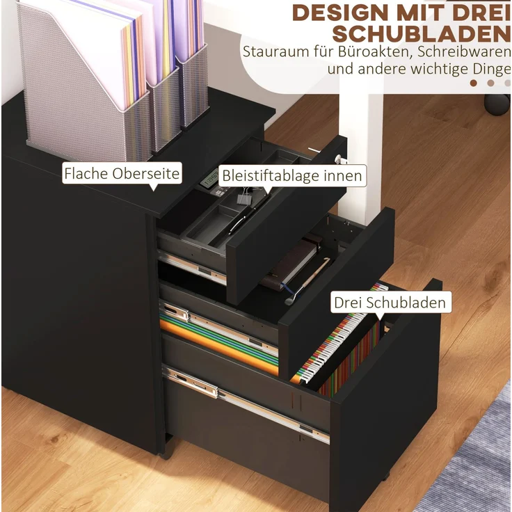 Aktenschrank aus Stahl, abschließbar mit 3 Schubladen & Rollen, 37x43,5x60 cm, Schwarz – Bild 5