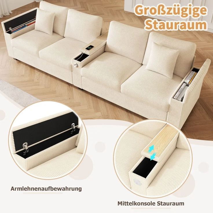 Big-Sofa mit Mehrfachsteckdosen und Stauraum, USB und Type-C, 4-Sitzer, inkl. loser Rückenkissen, Cord Bezug – Bild 4