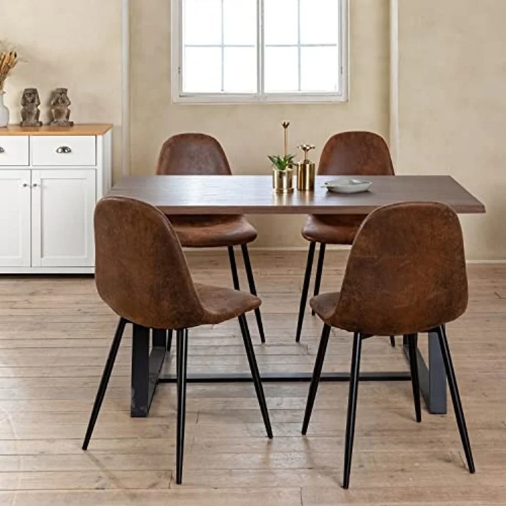 FurnitureR FR Charlton BRAUN A Beistellstühle für Wohnzimmer 4er Set Mid-Century Wildleder Gepolsterte Küche Esszimmerstühle mit schwarzen Metallbeinen, Metall, 40x38x86CM – Bild 4