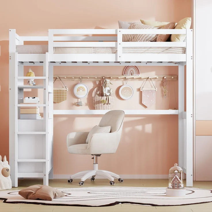Weißes Hochbett 90x200 cm Mit 6 Schubladen Und Sicherheitsleiter Kinderhochbett Mit Aufbewahrungsschrank Massivkiefer Etagenbett Stauraum Lösung Sicherheitsbett Jugendzimmer Regal Unterbett – Bild 1