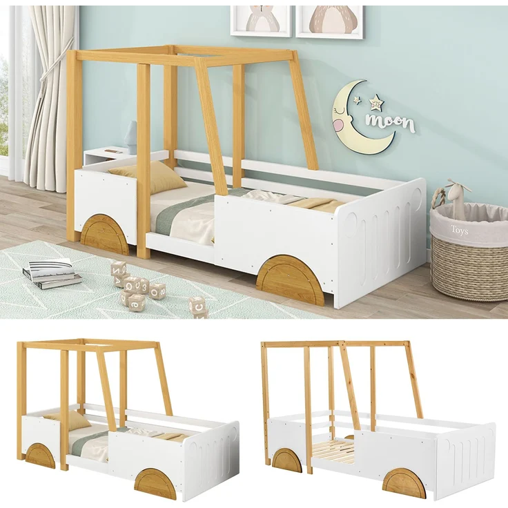 Kinderbett Auto-Design aus Holz mit Seitenschutz, stabilem Rahmen, dekorativem Kopfteil, spielerischem Look – Bild 5