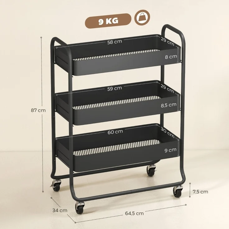 Küchenwagen, 3 Körbe, 4 Rollen, Metall, Schwarz--Schwarz--64.5x34x87cm--YOUDENOVA – Bild 3