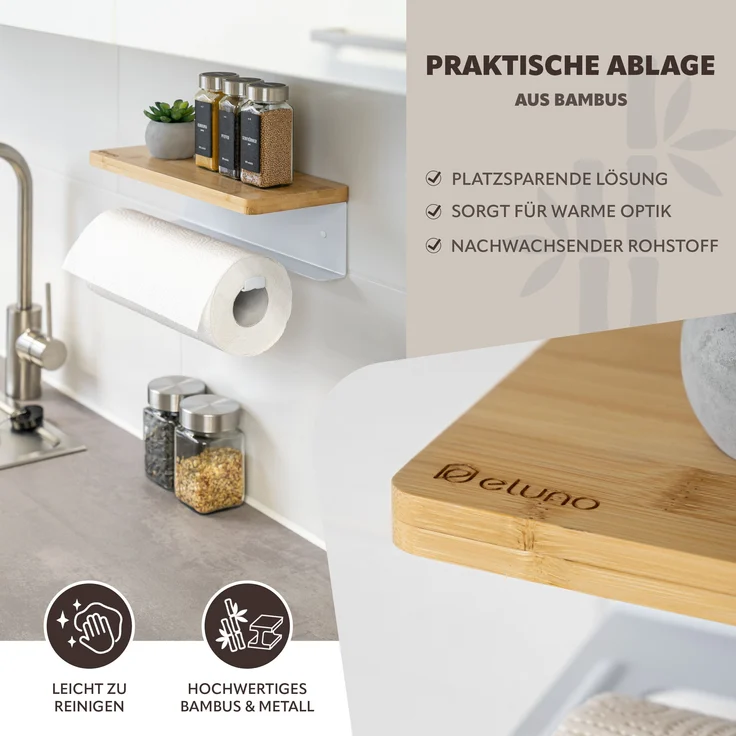 eluno Küchenrollenhalter mit Bambusablage aus Edelstahl in Schwarz, ca. 32 x 9,5 x 13 cm (B/H/T) – Bild 3
