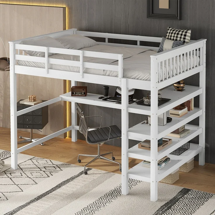 Hochbett 140x200 cm Kinderhochbett mit Schreibtisch, Ablagefächern, Kiefernholz + MDF, weiß, sichere Leiter – Bild 3