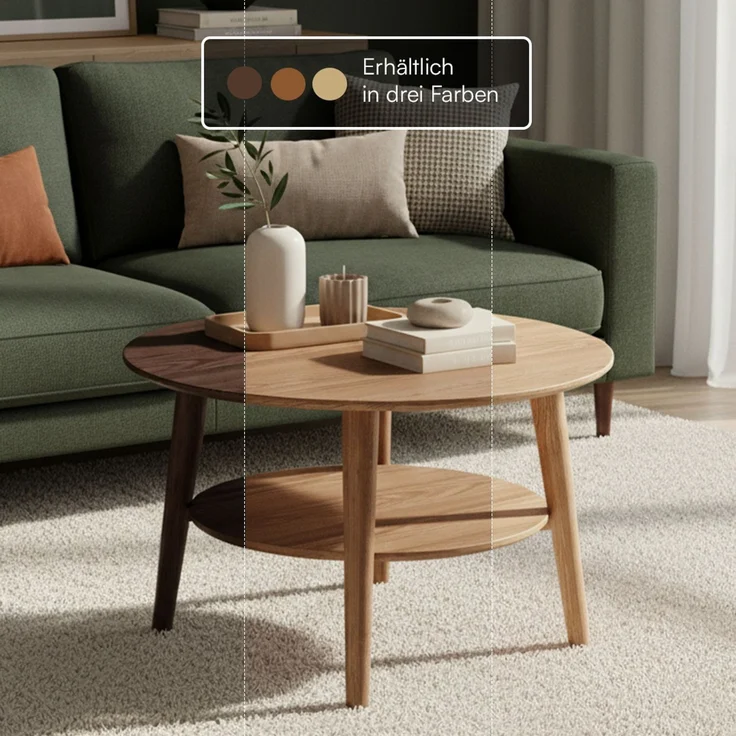 skølm 'Mjölnir' Couchtisch rund, Massivholz Eiche, natur geölt, Wohnzimmertisch Ø70 cm, Beistelltisch für Wohnzimmer mit Ablage – Bild 7