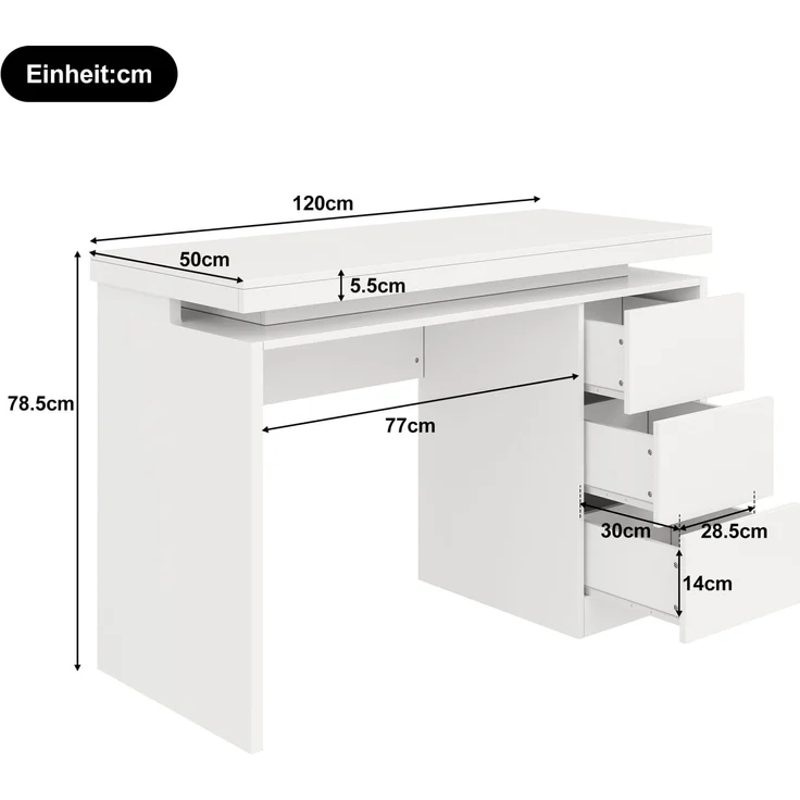 Schreibtisch mit LED-Beleuchtung und 3 Schubladen, 120x50x78,5 cm, Weiß – Bild 5