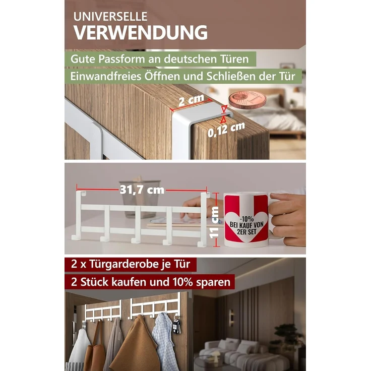 4smile Türgarderobe zum Einhängen – Weisse Türhaken universell verwendbar, flexible Kleiderhaken Tür, robust - Vielseitige Haken zum Einhängen, platzsparende Türhakenleiste für gesamte Wohnung – Bild 4