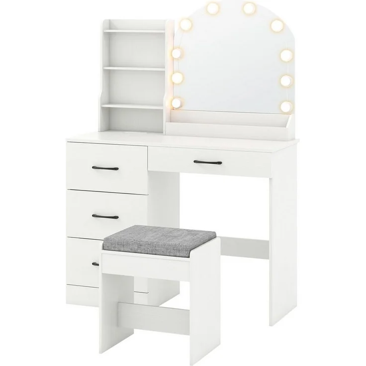 COSTWAY Schminktisch (1-St), mit LED-Beleuchtung, Ladestation, Hocker, Spiegel, 4 Schubladen – Bild 5