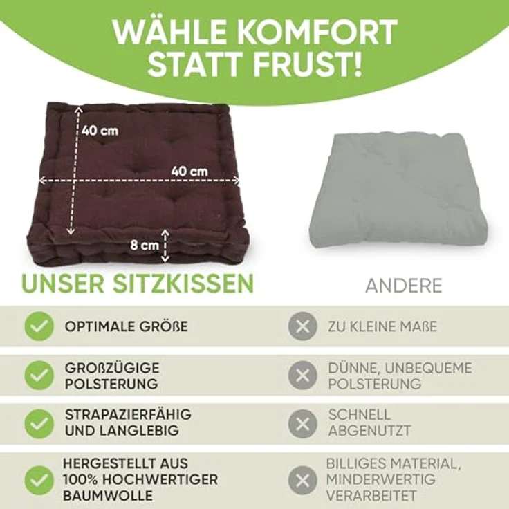 Gräfenstayn Sitzkissen 4er Set 40x40 cm mit 8 cm Polsterung aus 100 % Baumwolle -, robustes Sitzkissen für Indoor & Outdoor, bequemes Bodenkissen – Bild 8