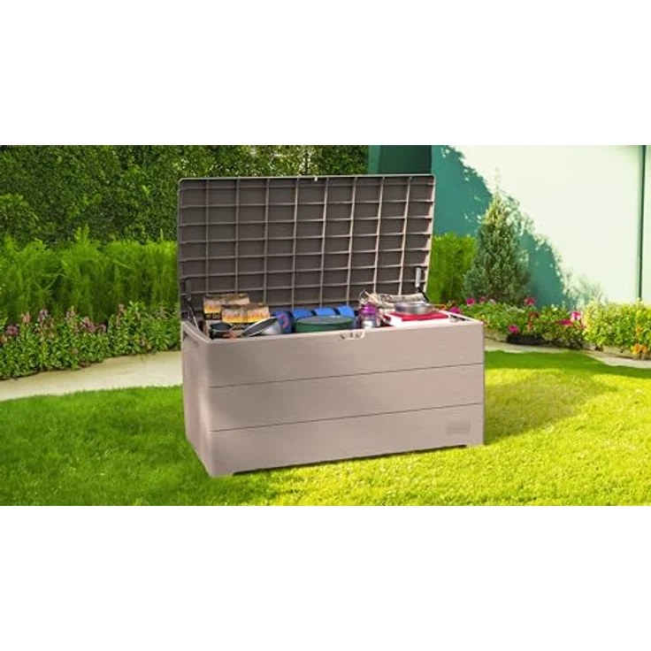 Duramax Cedargrain Durabox 416L Kissenbox aus Kunststoff, Für den Außenbereich, Aufbewahrungsbox, Deckbox und Garten-Organizer, Abschließbare Kunststoff-Kissenbox mit Gasflasche und seitlichen – Bild 4