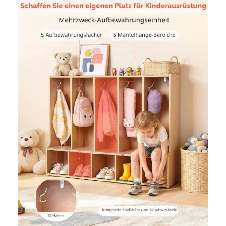 VEVOR Offener Kinderkleiderschrank, Garderobe mit 10 Haken & 10 Fächern (5 Groß + 5 Klein), langlebig & sicher, ideal für Kinderzimmer und Kita – Bild 3