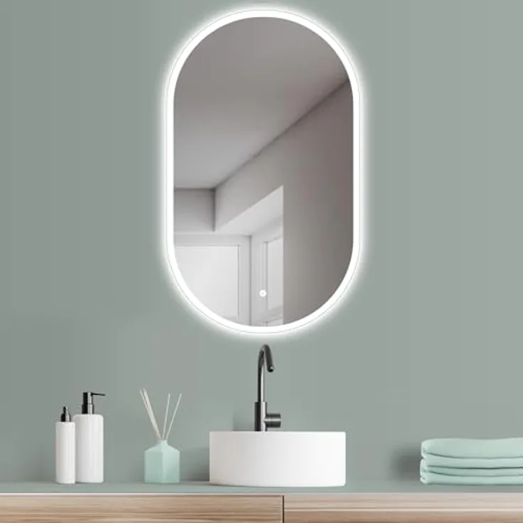 HOKO LED Design Spiegel oval 45 x 75 cm, Badspiegel mit Touch Schalter, warmweiß-kaltweiß-neutrales Licht, HOCH + QUER Montage, IP44 feuchtraumgeeignet