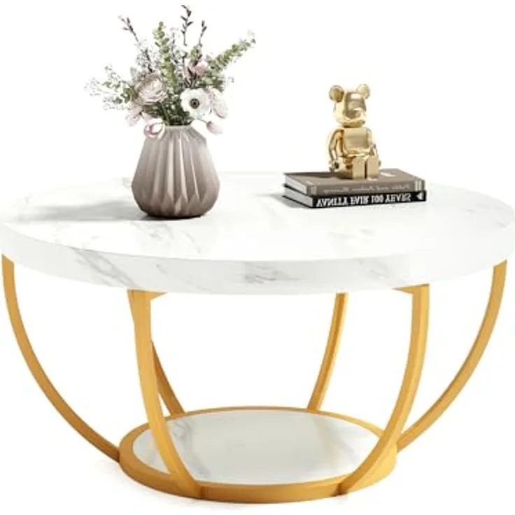 LITTLE TREE Runder Couchtisch, 81,3 cm, runder Couchtisch aus Kunstmarmor, für Wohnzimmer, 2-stöckige goldene Metallbeine, Akzent-Mitteltisch mit offenem Stauraum, modernes Design, Wohnmöbel (Weiß und