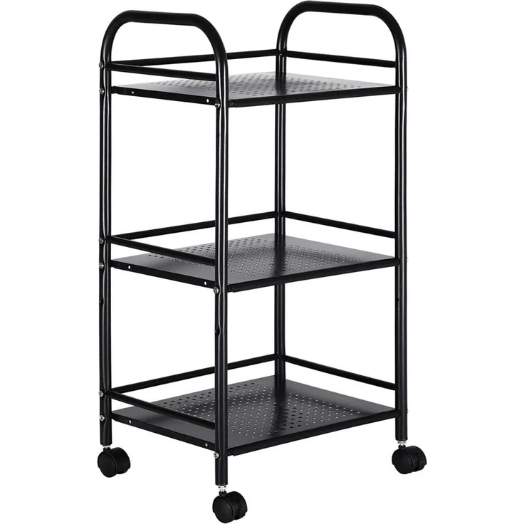 BAKAJI Werkzeugwagen aus Metall für Bad Küche oder Friseurkommode mit 4 Rädern, 3 Ablagen, 40 x 35 x 75 cm, Multifunktion 3 Stufen (schwarz) – Bild 1