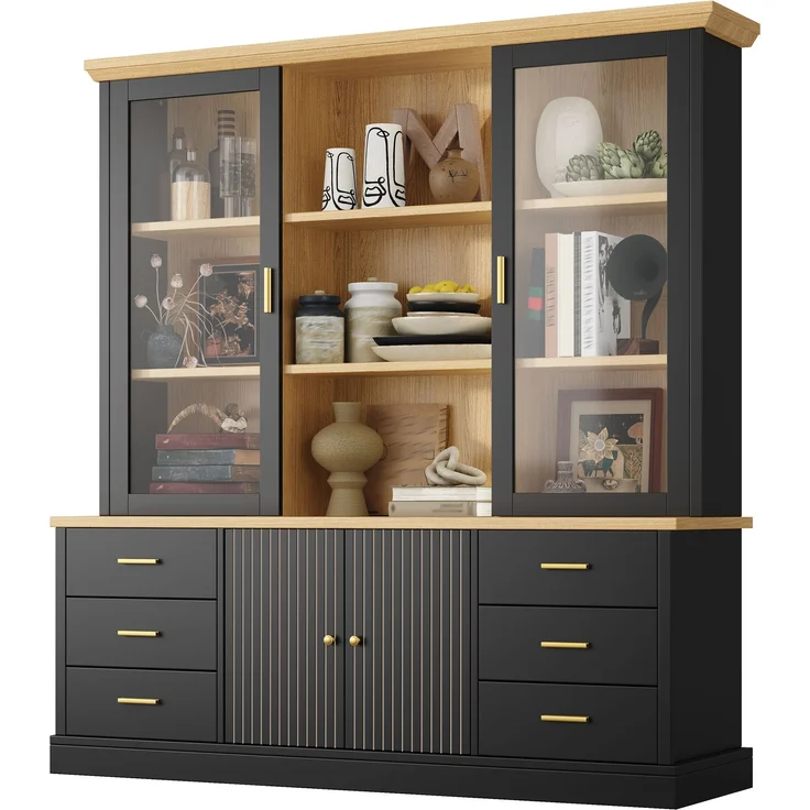 Küchenschrank 140 x 40 x 185 cm aus MDF, schwarz, mit Glastüren und 6 Schubladen – Bild 6