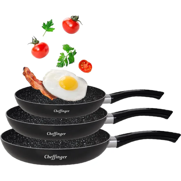 Pfannenset 3 tlg. Induktion Antikratz Marmor Bratpfanne Pfanne ø20-ø24-ø28cm für alle Herdarten Schwarz