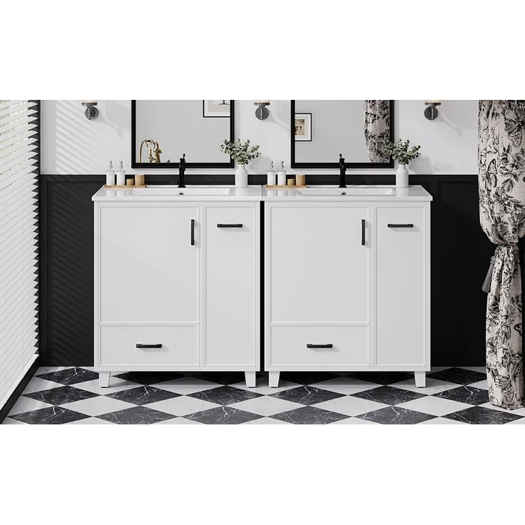 U-life bodenstehender Waschtischunterschrank 76x47 cm, fürs Badezimmer, Lackierte Oberfläche, Seitlicher Auszug mit zwei Ebenen, Integriertes Keramikwaschbecken, Ablagefach an der Türinnenseite, Keramik, Weiß – Bild 7