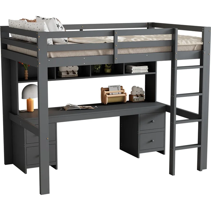 Hochbett 90x200 cm mit Schreibtisch und Stauraum,Kinderbett aus massivem Kiefernholz,Multifunktionsbett mit 4 Schubladen und 4 Regalfächern,Grau – Bild 8