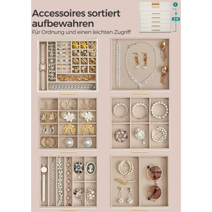 Songmics Schmuckkästchen, Schmuckkasten 6 Ebenen, Schmuckbox mit Glasdeckel, 5 Schubladen, Schmuckaufbewahrung, Stauraum, modern, Geschenkidee, 20,3 x 23,1 x 22,8 cm, wolkenweiß-golden JBCDE176W01 – Bild 2