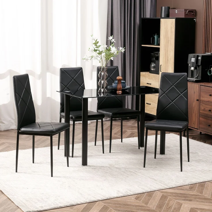 Rayofly-Essgruppe, Esstisch + 4 Stühle, gehärtete Glasplatte, Stahlbeine, Küche Wohnzimmer, schwarz, H 750cm x T 1200cm x B 600cm – Bild 3