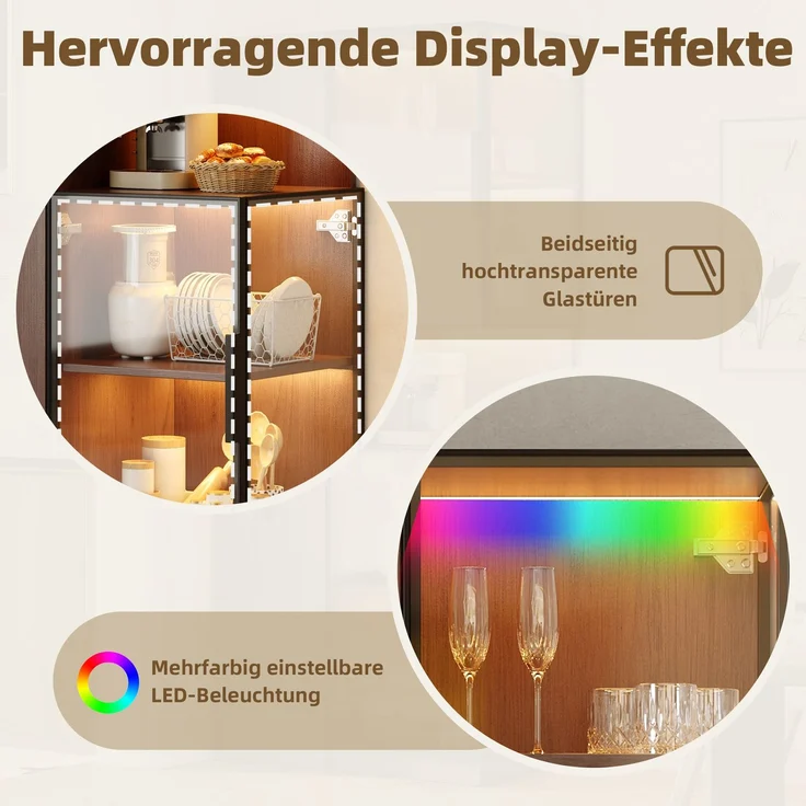 Vitrinenschrank 70x38x160 cm in Walnussoptik mit LED-Beleuchtung und ausziehbaren Seitenregalen – Bild 8