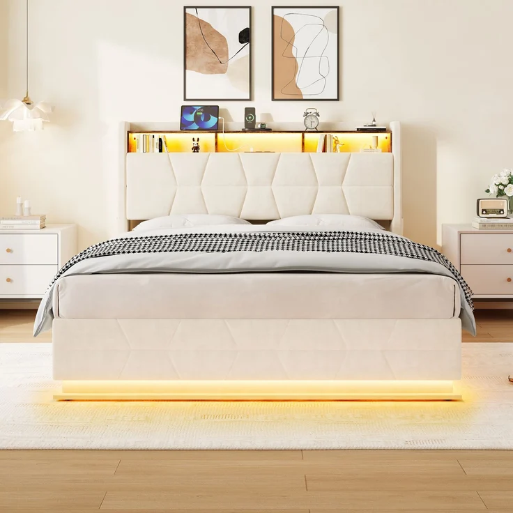 LVHOM Doppelbett 140x200cm mit LED&USB, Polsterbett mit hydraulischem Stauraum, Samtstoff, Beige – Bild 8