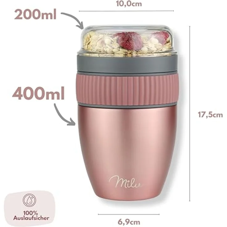 Milu Müslibox Müslibecher to go, 400ml, isolierter Edelstahl Joghurtbecher für Müsli, rosegold – Bild 6