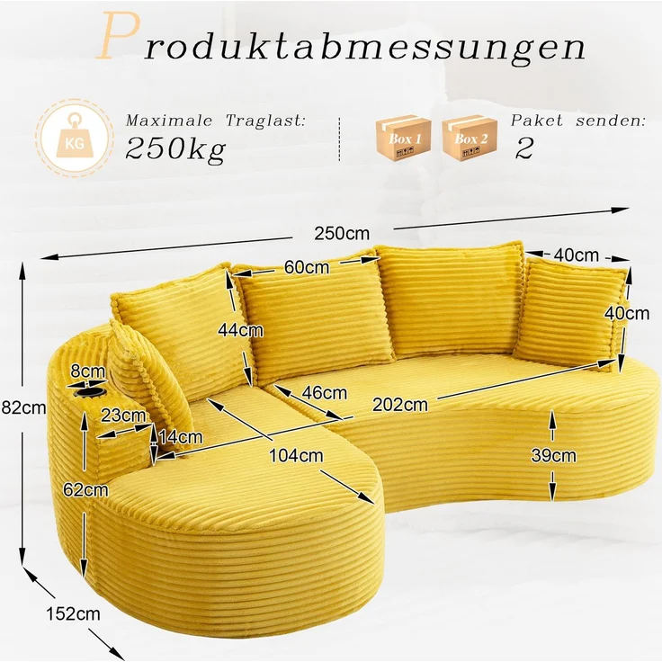 LVHOM Ecksofa L-Form, Cloud Sofa mit Tassenhalter und Seitentaschen, 3-Sitzer Sofa aus Cordstoff, kein Aufbau erforderlich, 250x152cm, Gelb – Bild 6
