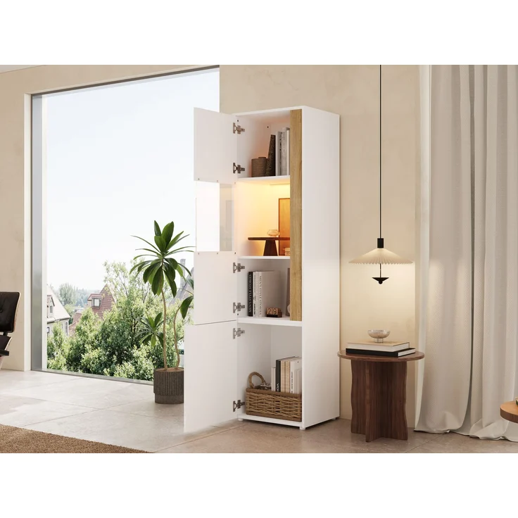 Vitrine, Aufbewahrungsmöbel, hoher Schrank mit LED-Beleuchtung, 2 Türen (eine davon aus Acryl), Geeignet für Wohnzimmer, Büros und Küchen, Weiß+Natural, Maße: B50 x T40 x H179 cm.--Natur + Weiß--50x40x179cm--YOUDENOVA – Bild 10