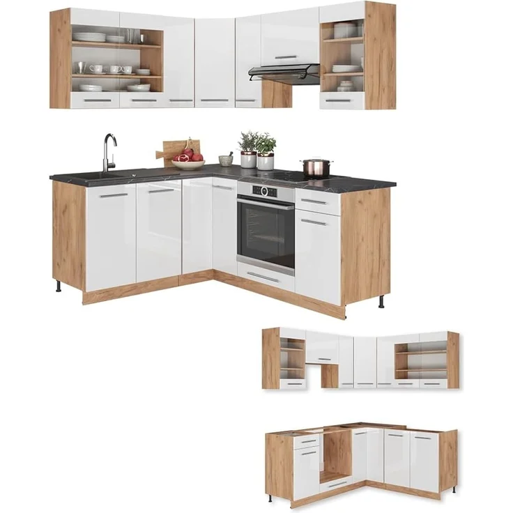 Eckküche Fame-Line Weiß Hochglanz/Goldkraft Eiche 190 x 160 cm ohne Arbeitsplatte Vicco – Bild 7