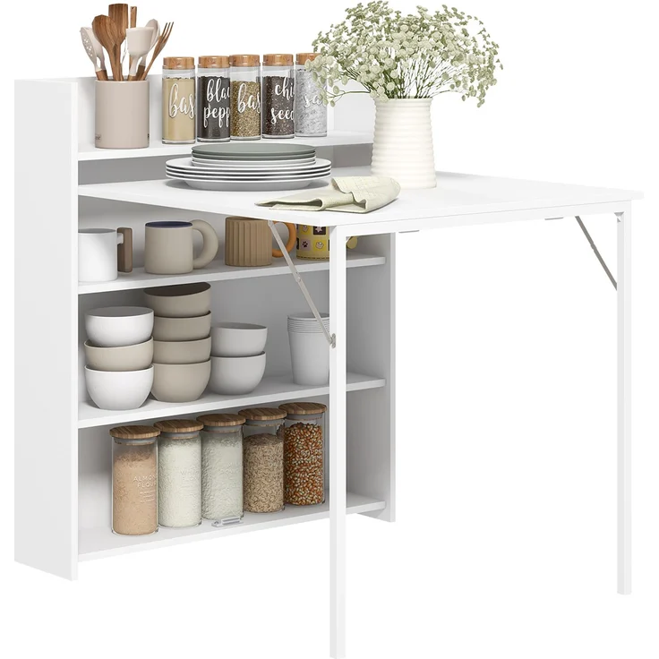 MELAYR, Klappbarer Esstisch, für kleine Räume geeignet, mit 4 diskreten Regalen, 91 x 78.5 x 93 cm, Weiß – Bild 2