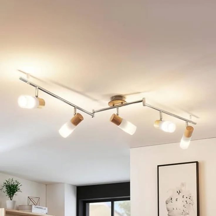 Lindby Deckenlampe, Deckenstrahler aus Glas und Holz, schwenkbar und drehbar, 5x E14 max. 5W, skandinavisches Design, weiß, für große Räume – Bild 2