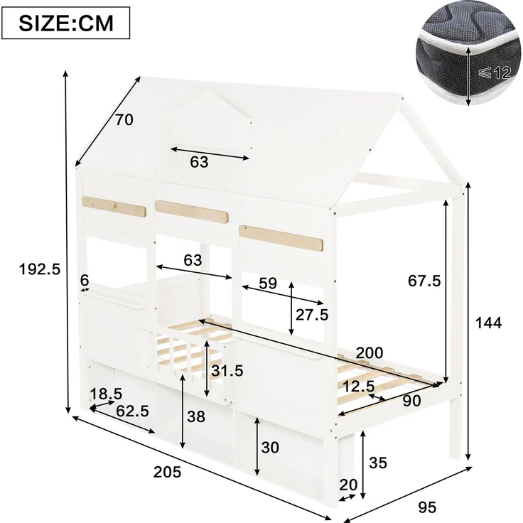 Merax Hochbett, 90x200cm Kinderbett, Feines hausförmiges Design, ZMit einer Reihe Bücherregal, Stabiler Lattenrost, Weiß – Bild 4