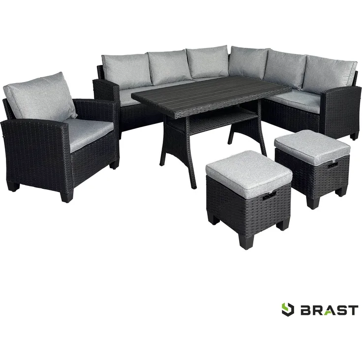 BRAST 'Hacienda' Gartenmöbel Set mit Kissen & Abdeckung, 10 Personen, Schwarz / Grau