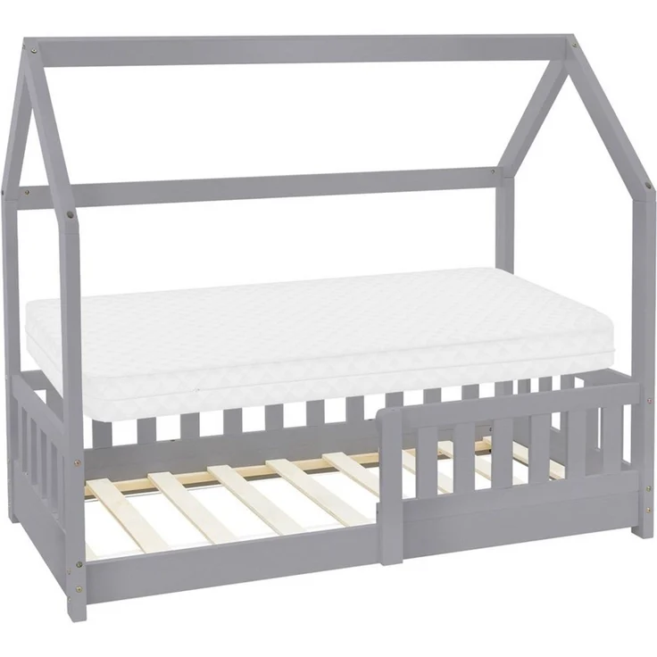 ML-DESIGN Kinderbett Hausbett Spielbett inkl. Lattenrost kreativ Bodenbett für Kinder, Abenteuerbett mit Rausfallschutz Spielbett Kiefer Hellgrau Himmelbett – Bild 1