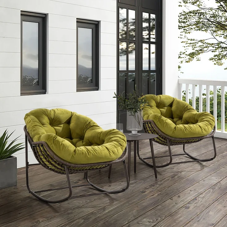Gepolsterter Schaukelstuhl aus Rattan für den Außenbereich, ideal für Veranda, Wohnzimmer, Terrasse und Garten, Olivgrün, 93 x 73 x 23 cm, YOUDENOVA – Bild 3
